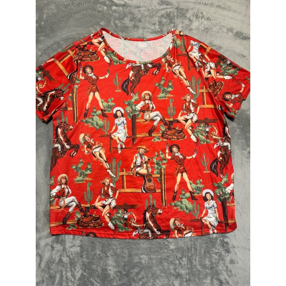 Unbranded T-Shirt Mens 3XL‎ Red Pinup Cowgirl Western Horse Cactus Print